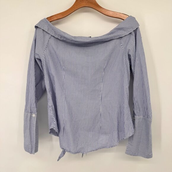 Romeo Juliet Striped Off-Shoulder Blouse Tie Waist & Bell Sleeves size large - Picture 9 of 9
